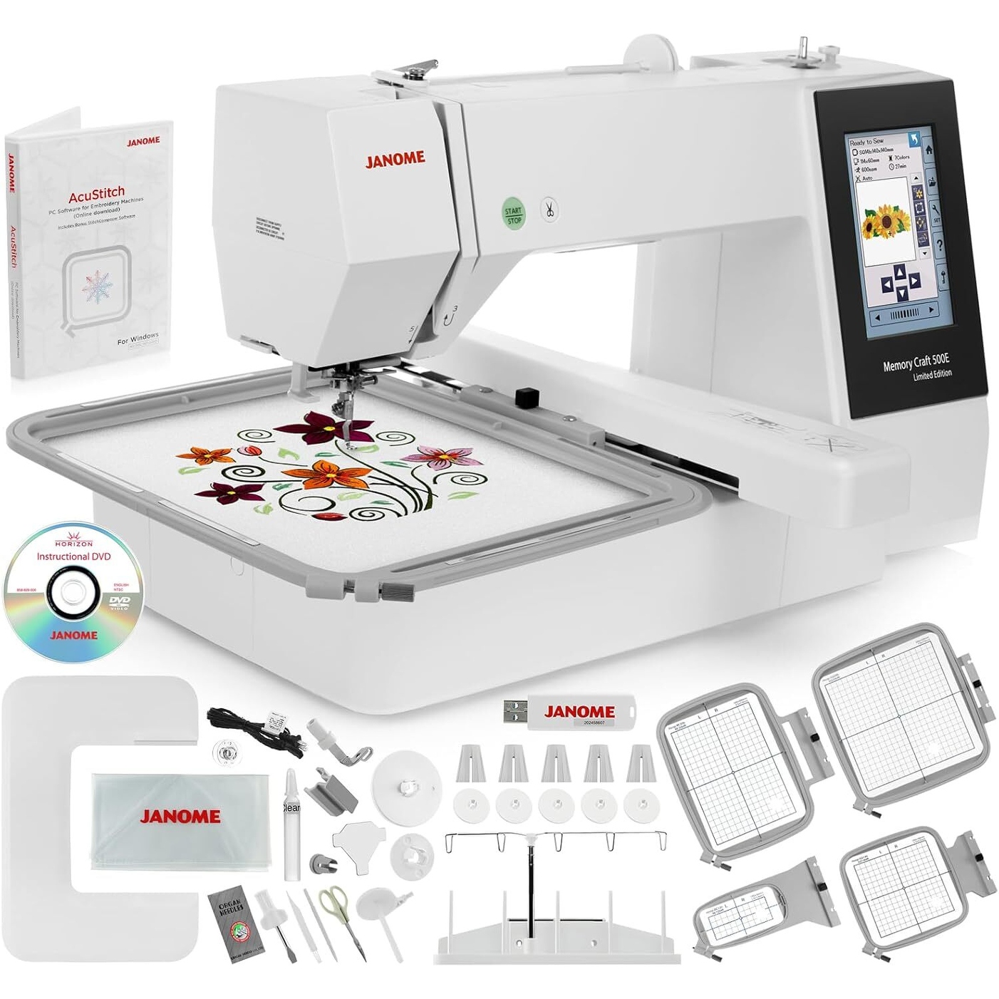 Janome Memory Craft 500e LE Embroidery Machine Bundle - Includes 5